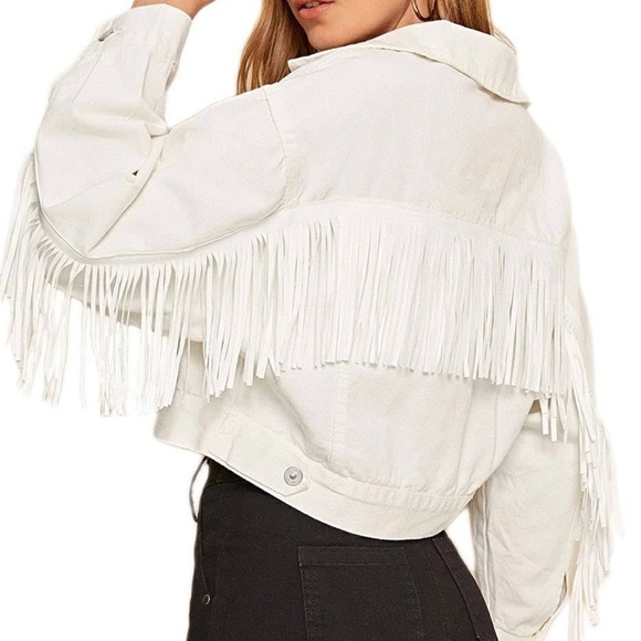 White Fringe Denim Jacket - Picture 3 of 8